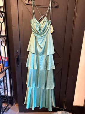 City Studio Aqua Satin Tiered Cowl Maxi Dress